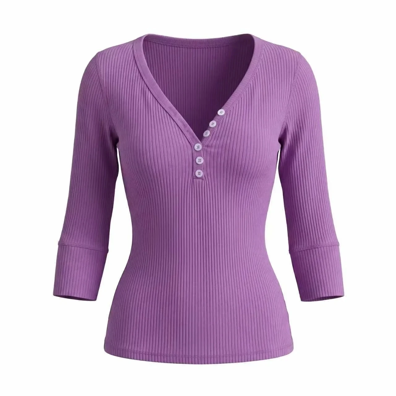Slim Fit V-Neck Short Sleeve T-Shirt Women's Splice Style Button Detail Pure Color Base Layer Short Top Hot Girl Fashion