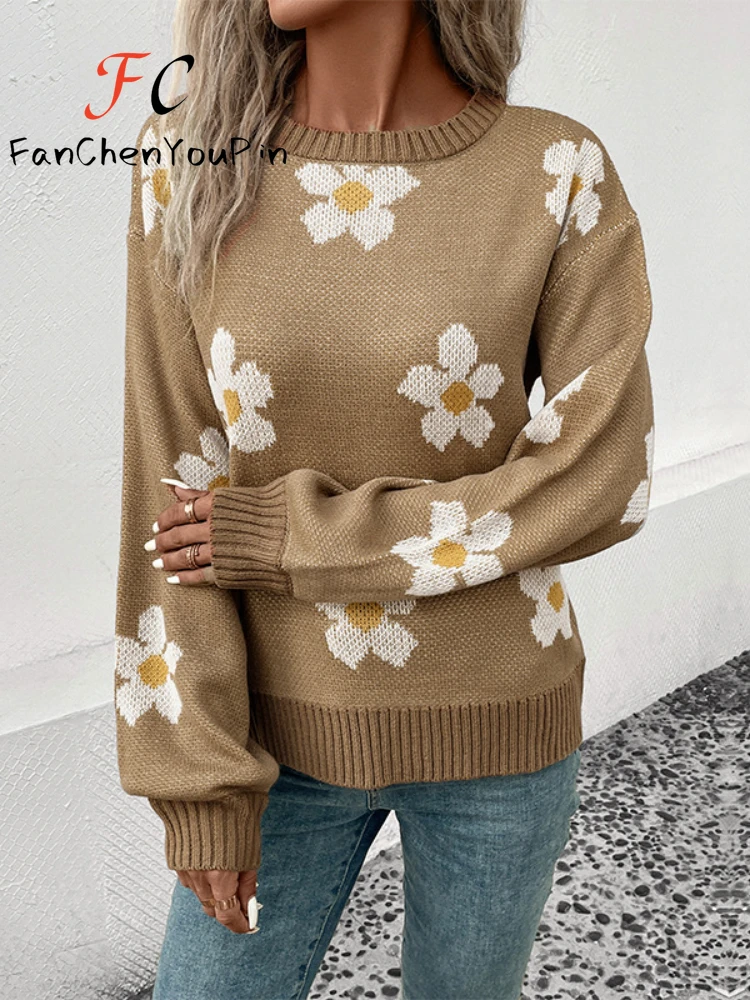 Otoño Invierno nuevo suéter de mujer moda cuello redondo manga larga Top de punto Casual elegante Floral holgado exquisito jersey femenino