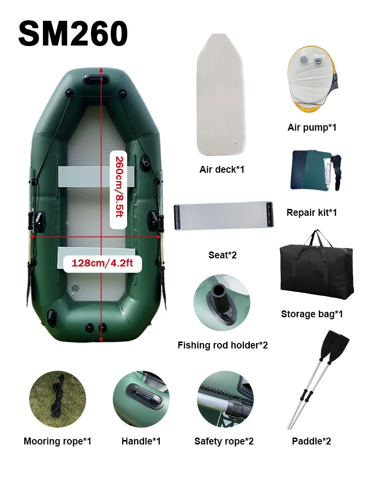 Savage Marine 8.5ft PVC Inflatable Boats 4 Person Fishing Kayak Rowing Rafts Dinghy with Motor Bracket Hole for Water Sports