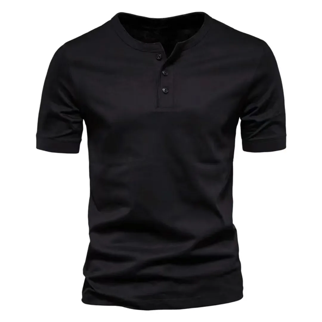 Image of Einfarbiges Herren-Henley-Shirt, modisches Henley-Kragen-Kurzarm-T-Shirt, lockeres, atmungsaktives Sommer-T-Shirt, lässige Herrenbekleidung