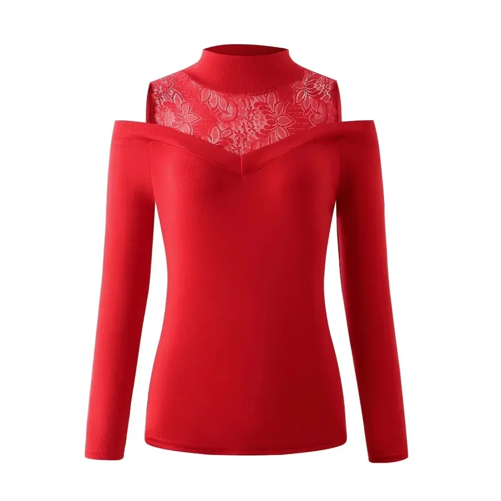 Outono e inverno moda feminina casual camisa de deslocamento senhoras cor sólida renda remendo fora do ombro manga comprida topo