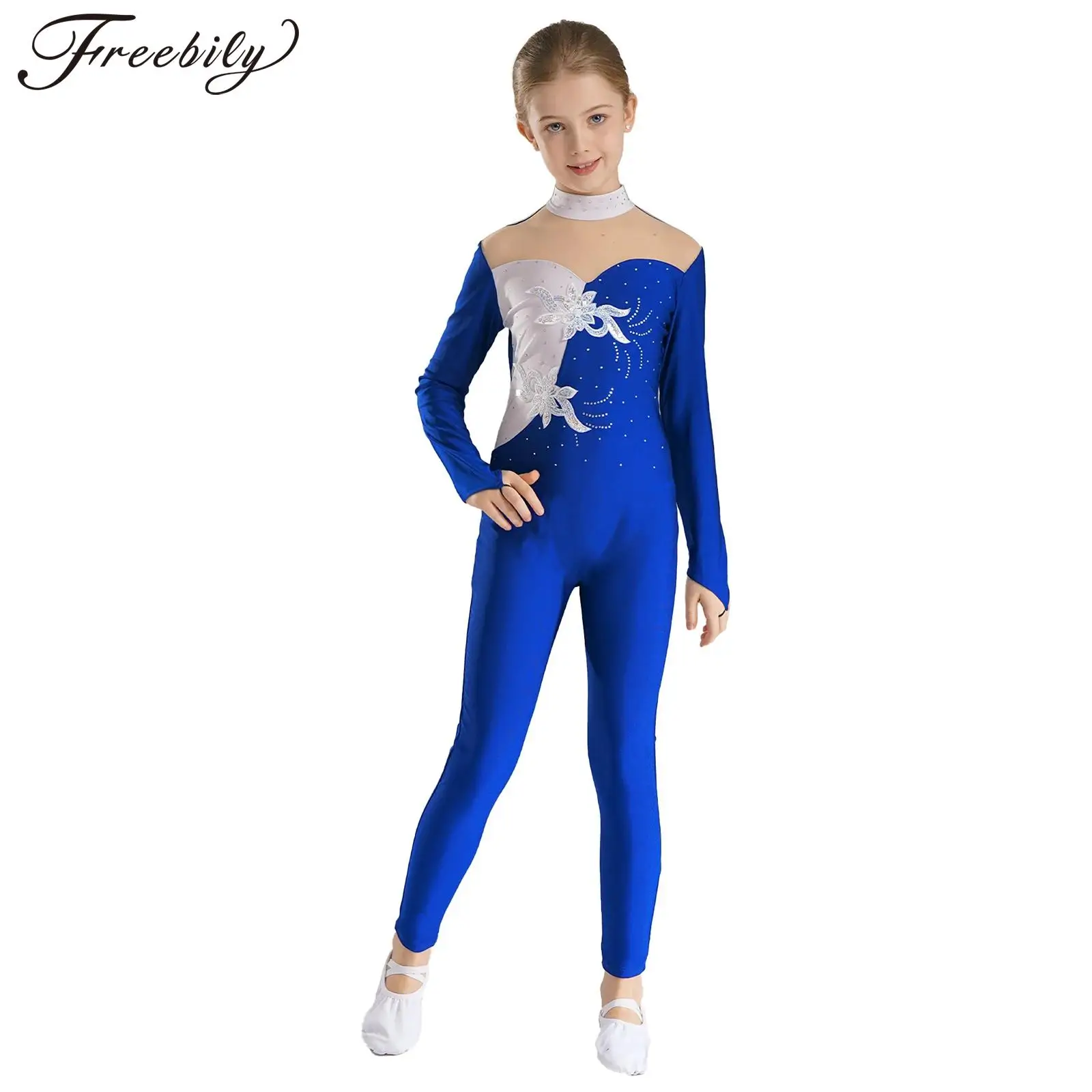 Kids Girls Gymnastics Ballet Dance Jumpsuit Shiny Rhinestones Figure Skating Costume Performance Bodysuit Dancewear