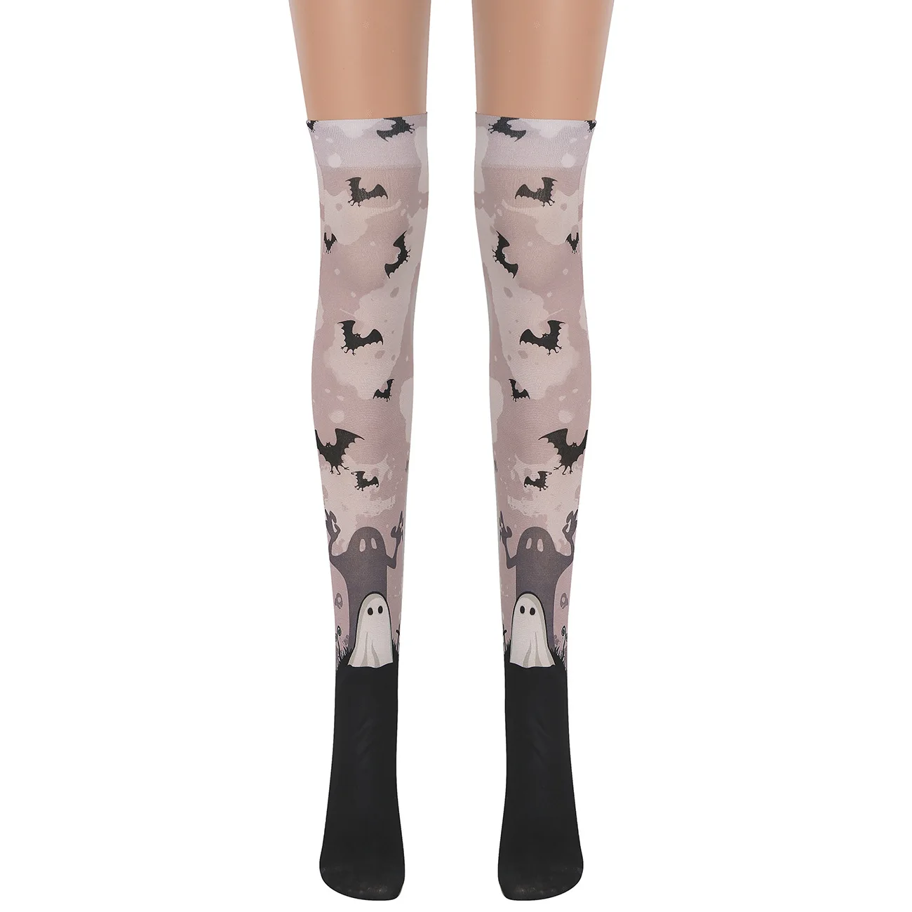 Cute Cartoon Printing Ghost Women's Knee-High Socks Halloween Masquerade Stockings Bat Pattern Lolita Nylon Thigh High Sock