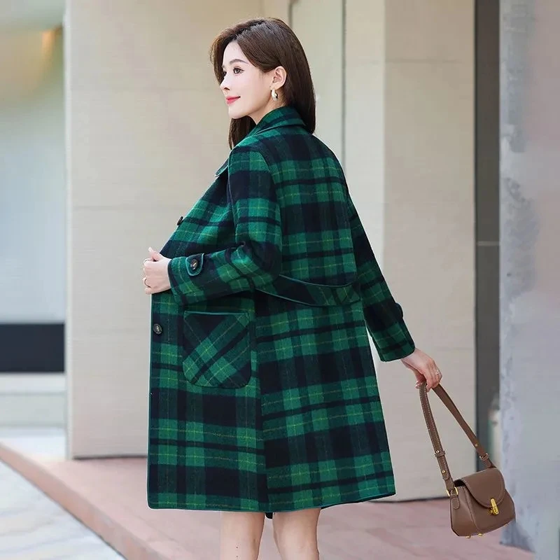 High End Fashion Women Double Sided Cashmere Woolen Coat Autumn Winter Single Breasted Plaid Wool Jacket Mother Long Windbreaker