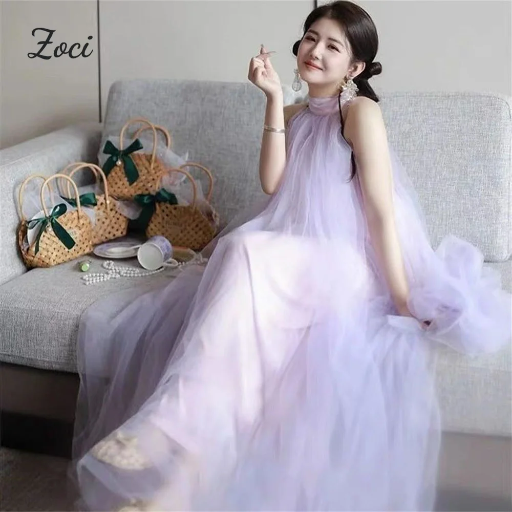 

Zoci Fairy Light Purple Evening Dresses O-Neck Sleeveless Soft Tulle Wedding Reception Dresses Customized Korea Photo Shoot Gown