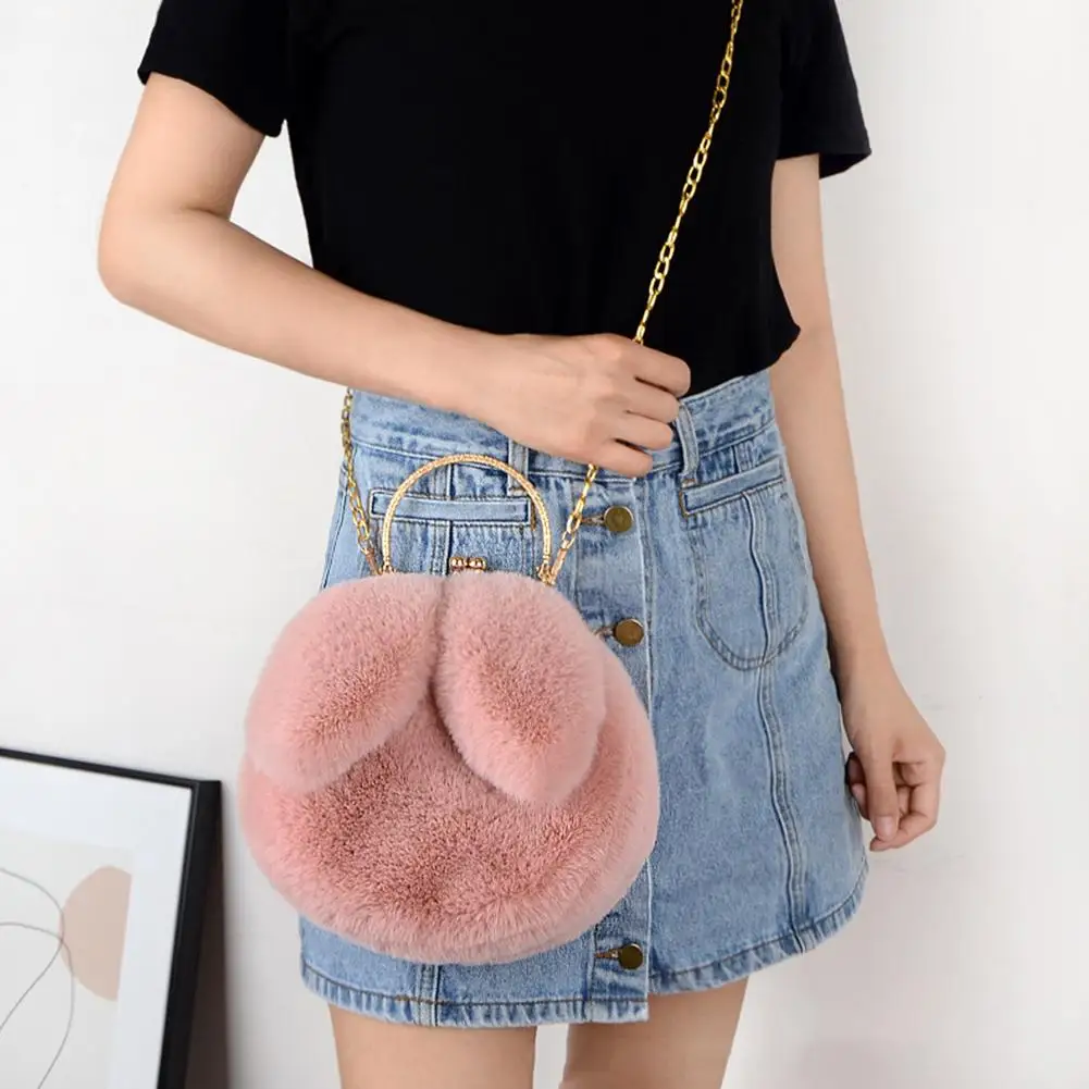 Versatile Fashion Small Round Bag Rabbit Ear Clip Bag Plush Shoulder Bag Chain Mobile Phone Bag Women's Portable Messenger Bag