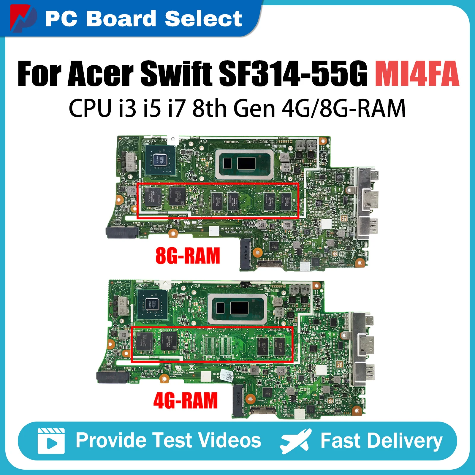 MI4FA Mainboard For Acer Swift SF314-55 SF314-55G Laptop Motherboard With CPU i3 i5 i7 8th Gen 4G-8G-RAM MX150-V2G GPU