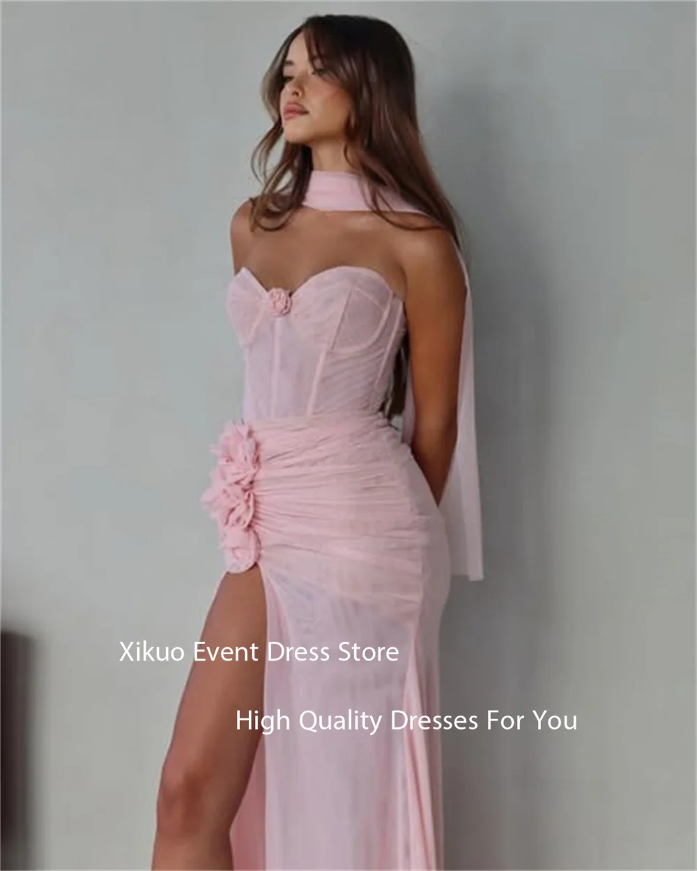 Xikuo Graceful Pink Chiffon Evening Gowns Sweetheart Vestidos De Fiesta High Side Slit Mermaid  3D Flower Party Dress Customized