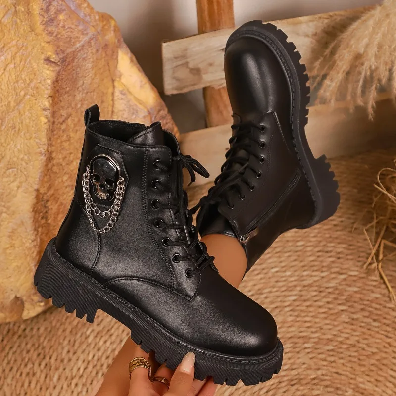 

Metal Chain Booties 2025 New Round Toe Zipper Soft Sole Non-slip Wear-resistant Block Heel Shoes