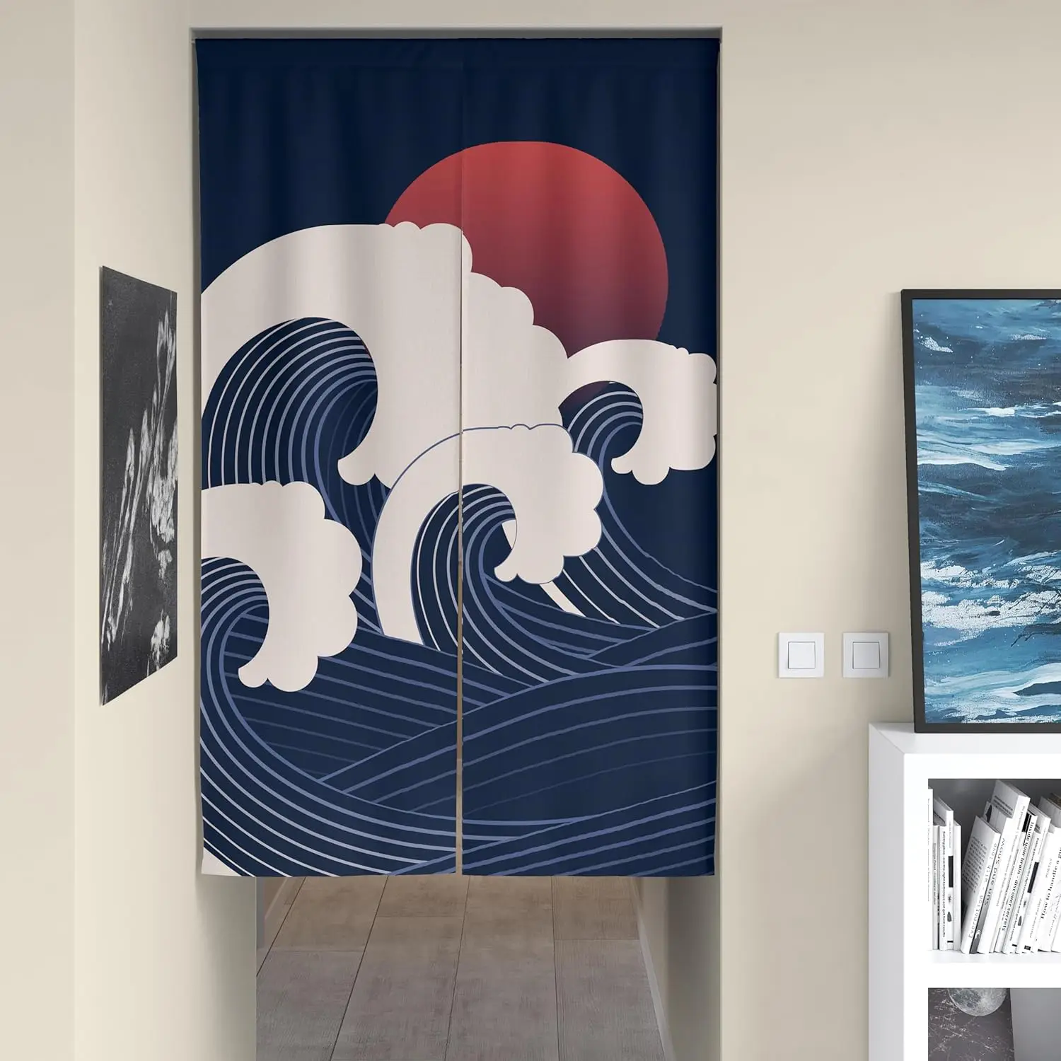 Anime Japanese Noren Curtain - Navy Blue Great Wave Off Kanagawa Asian Style Split Doorway Drape, Home Decor