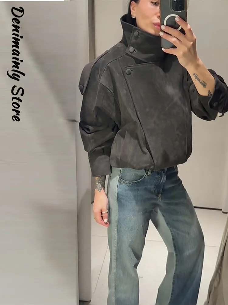 2026 New Dark Grey Faux Suede Bomber Jacket Women Stand Collar Oversize Asymmetric Street Coat Lady Commute All Match Streetwear