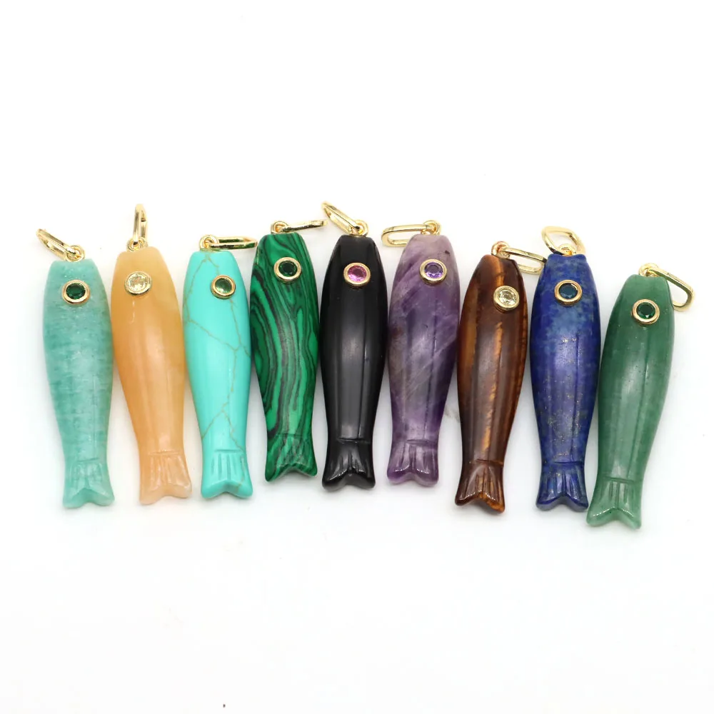 Fish Shape Inlaid Zircon Charms Crystals Stones Natural Amethyst Rose Quartz Carved Gemstone for DIY Jewelry Accessory