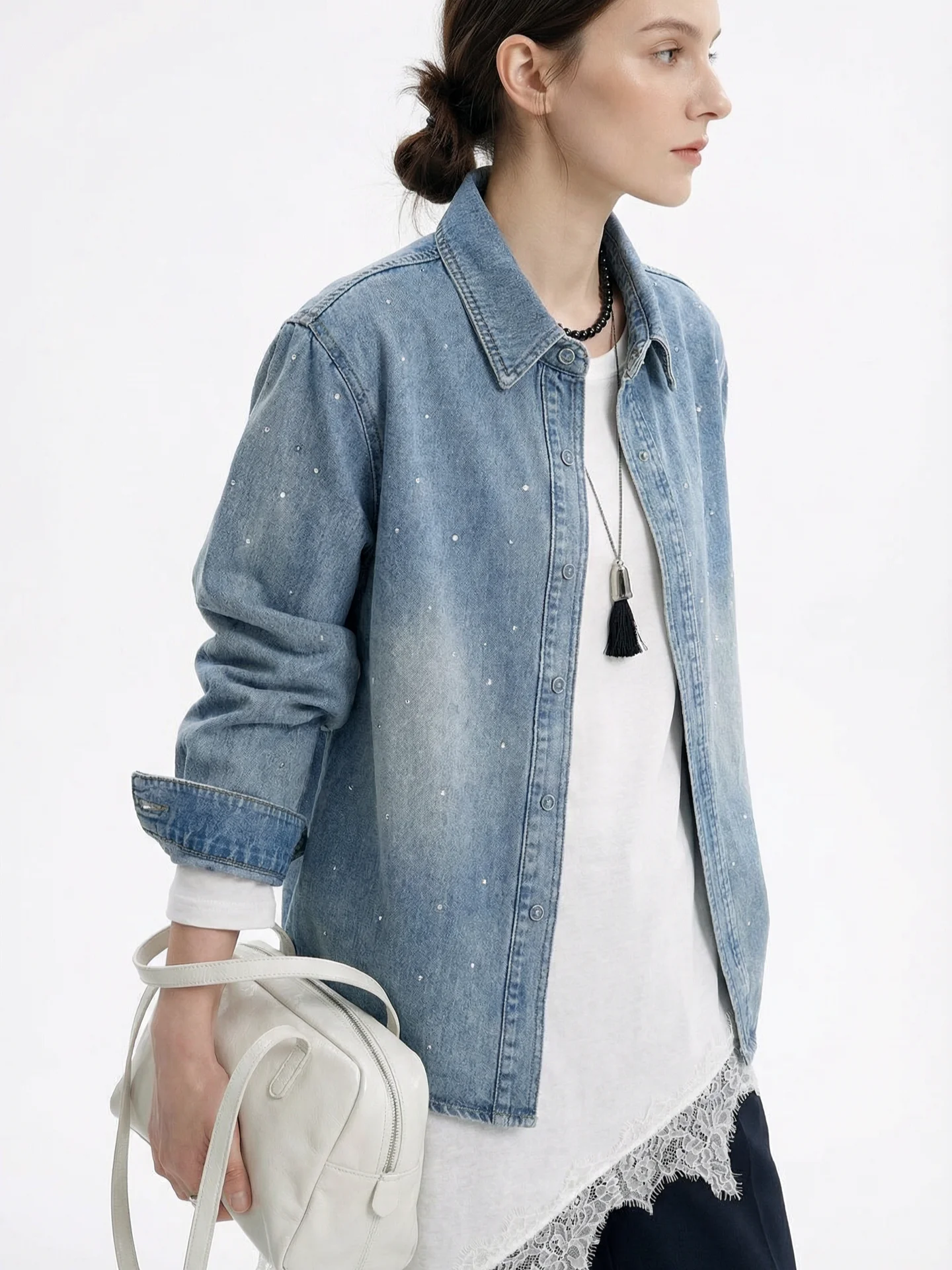 

Casual Loose Women's Denim irt Classic Waed Sle Glittering Drill High nce Sensation Luxury Leisure Faion