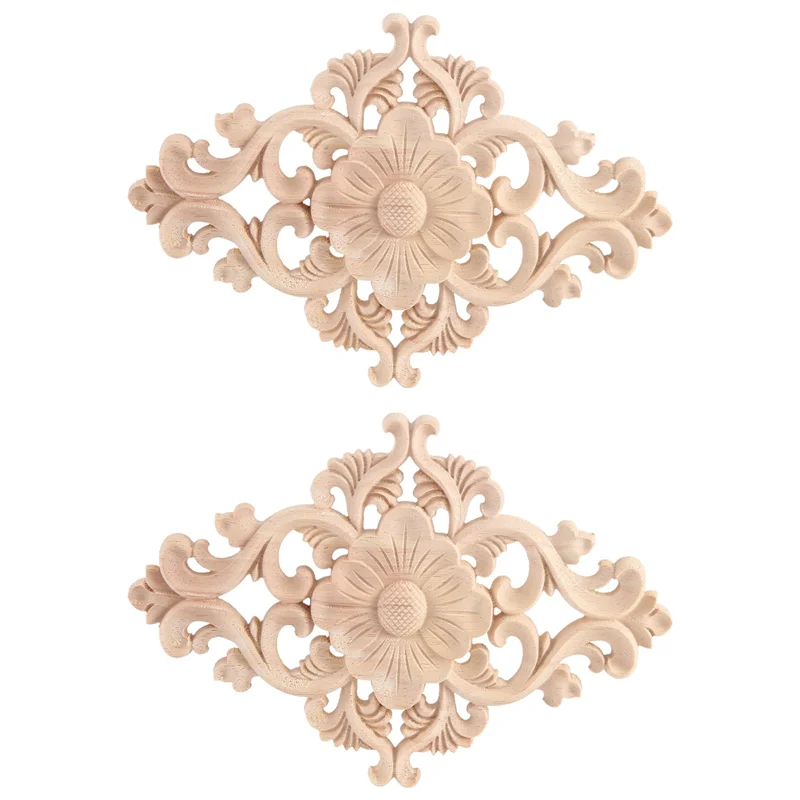 Promotion! 21X15cm Wood Carved Unpainted Onlay Applique Furniture Home Decor, 2Pcs