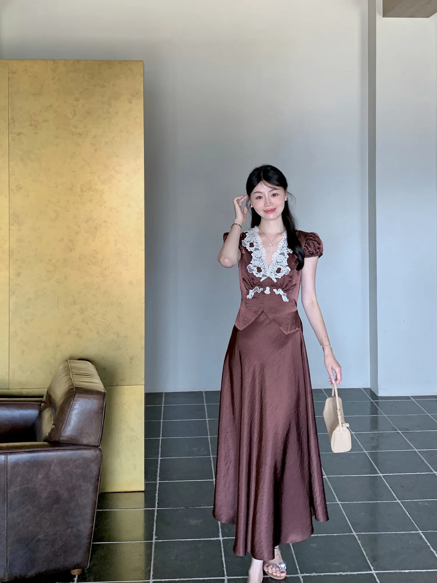 

Ele Vintage Lace Embroidery V-Ne Slim Fit Satin Dr Women's French Sle ort Sve Ball Gown X-ape Summer Dr