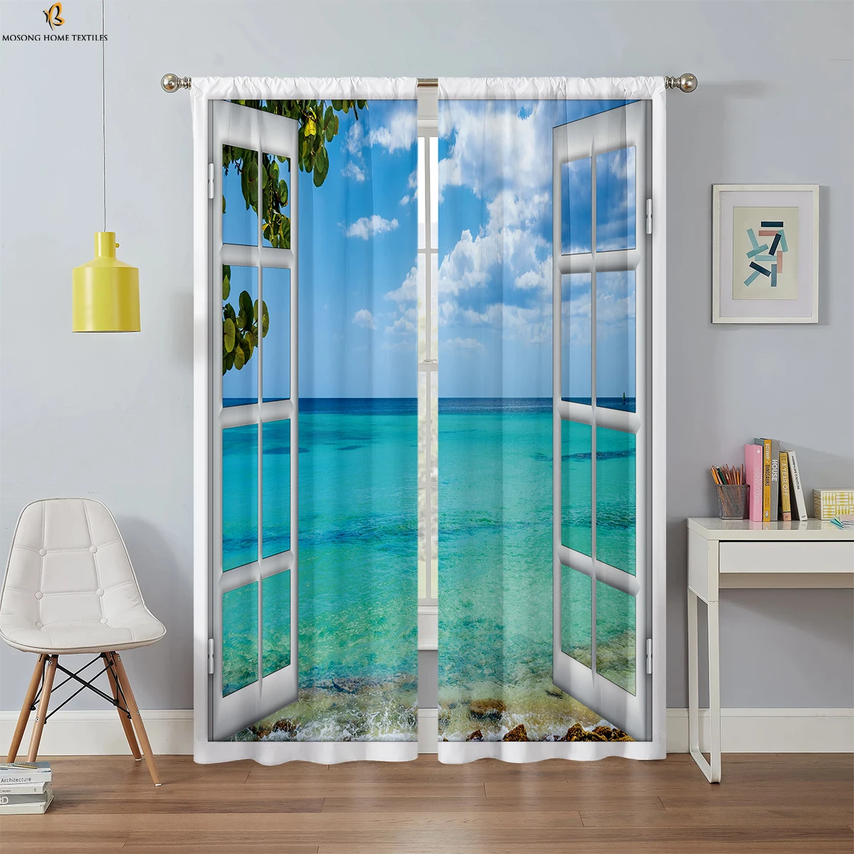 

3D Printed Curtains With Seaside Scenery Outside The Window 100% Polyester Fiber Bedroom Living Room Study Decorative Curtains