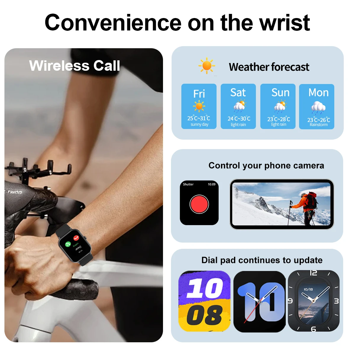 Smart watch with multiple sports modes, wireless calls, weather forecast, custom dials, compatible with Android and iPhone