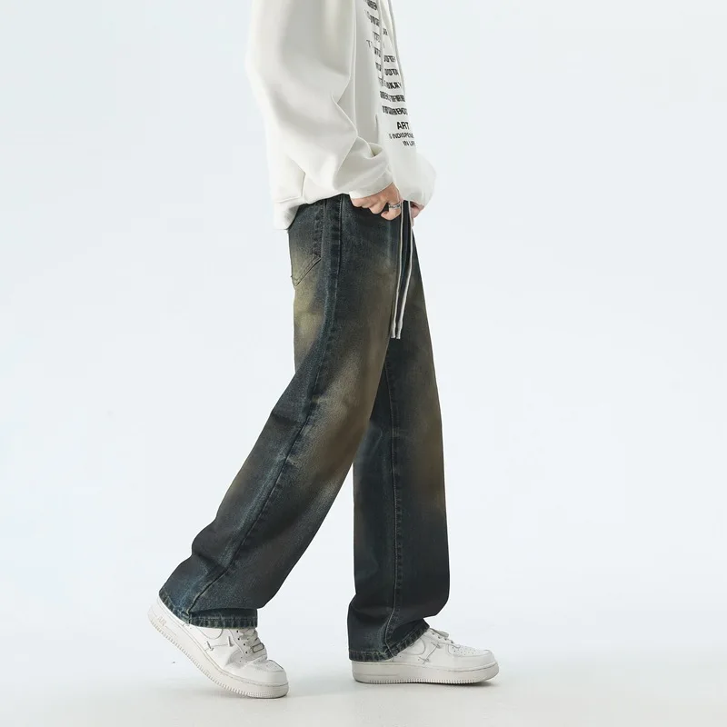 2024 autumn wide leg jeans washed and aged retro jeans men's trendy brand tie dye fashionable straight leg loose pants