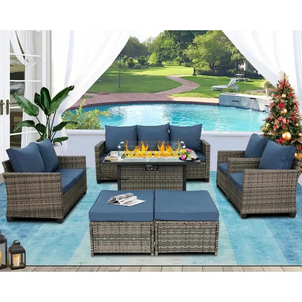 Terrassen möbel Set Rattan Outdoor Balkon Möbel Korb weide Rattan Sofa Set mit 44 "Propangas Feuerstelle Tisch