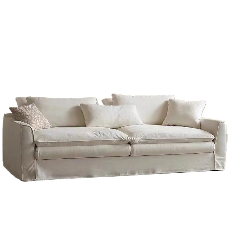 

Nordic small apartment straight row fabric sofa cream wind cotton and linen removable and washable white