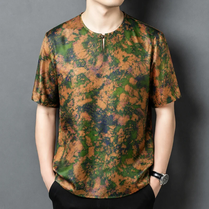 Chinese Style Loose Fit T Shirt For Men Short Sleeve Silk 100% Summer Top Quality Satin Smooth Skin-Friendly Camisetas De Hombre
