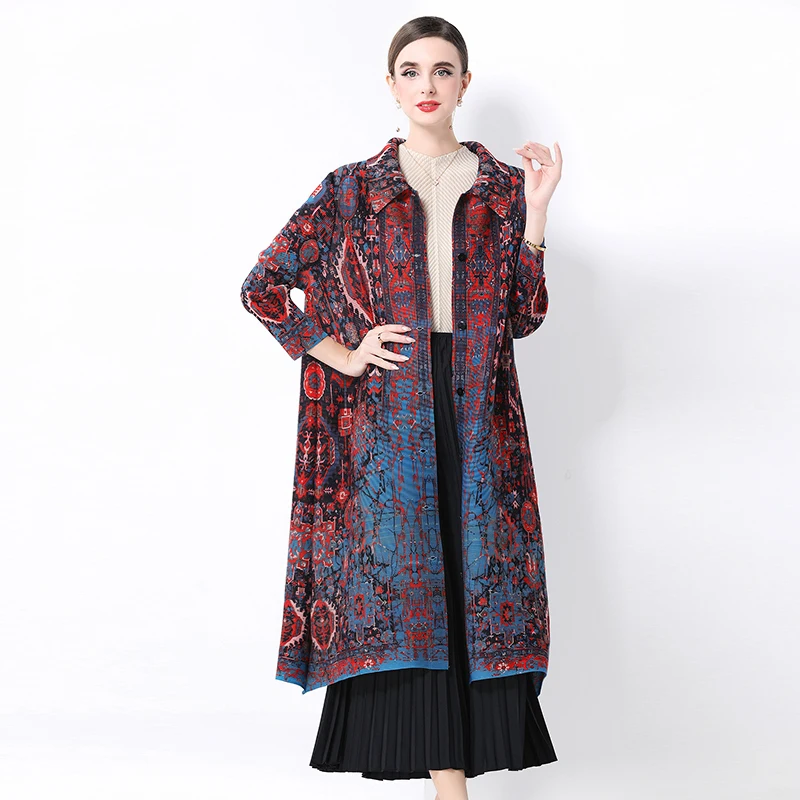 Sukienka plisowana Miyake damska, wiosenno-jesienna, luksusowa, luźna sukienka koszulowa, modna, elegancka, uniwersalna, francuski nadruk, strój dla mamy.