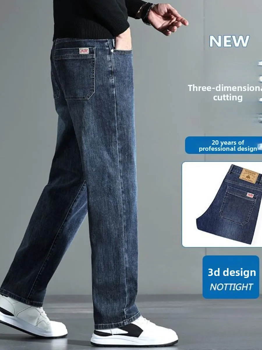 

High-End Men's Fce-Lined Straight Leg Jeans Casual Thi Winter Dad Pants Comfortable Loose Fit Classic Blue Color