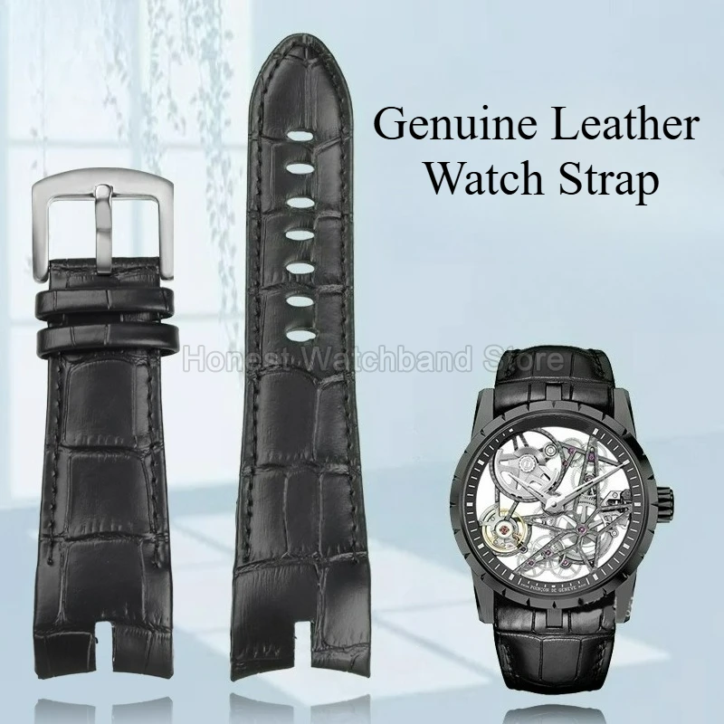 26mm Brown/black Resilient Flexible Exquisite Cowhide Watch Accessories for Roger Dubuis EXCALIBUR Bamboo-Textured Watchband