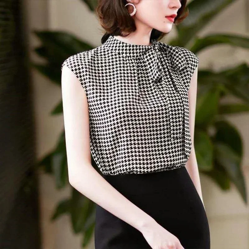 Summer Korean Bow Lacing Chiffon Shirt Elegant Stand Collar Houndstooth Office Lady Blouses Vintage Casual Sleeveless Top Women