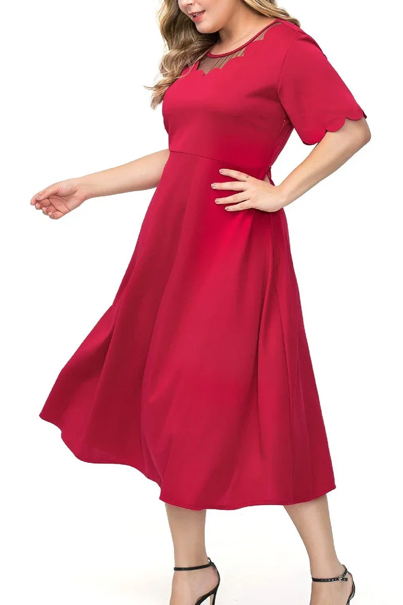 

Women Party Dress Plus Size Mesh Stitching Short Sleeve A Line Tunic Midi Dress Elegant Simple Solid Round Neck Summer Dress