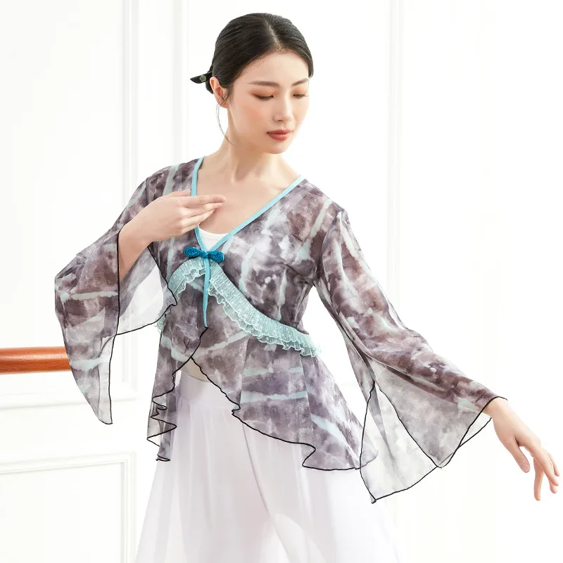 Cổ Điển Mới Nhảy Dance Nữ Gạc Giai Đoạn Thực Tập Áo Sơ Mi Múa Dân Gian Trung Quốc Cardigan Cổ V Bùng Lên Tay Cổ Top