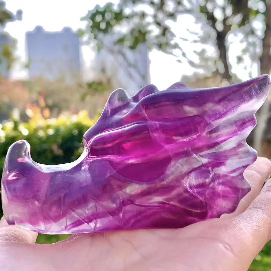 

10cm Rainbow Color Natural Fluorite Crystal Carving Dragon Head Big Size Skull Original Minerals Stones Home Decor Good Choice