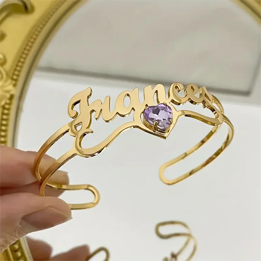 

Custom Name Purple Birthstone Cuff Bangle For Women Punk Personalized Gold Color Bracelet Christmas Stainless Steel Jewelry Gift