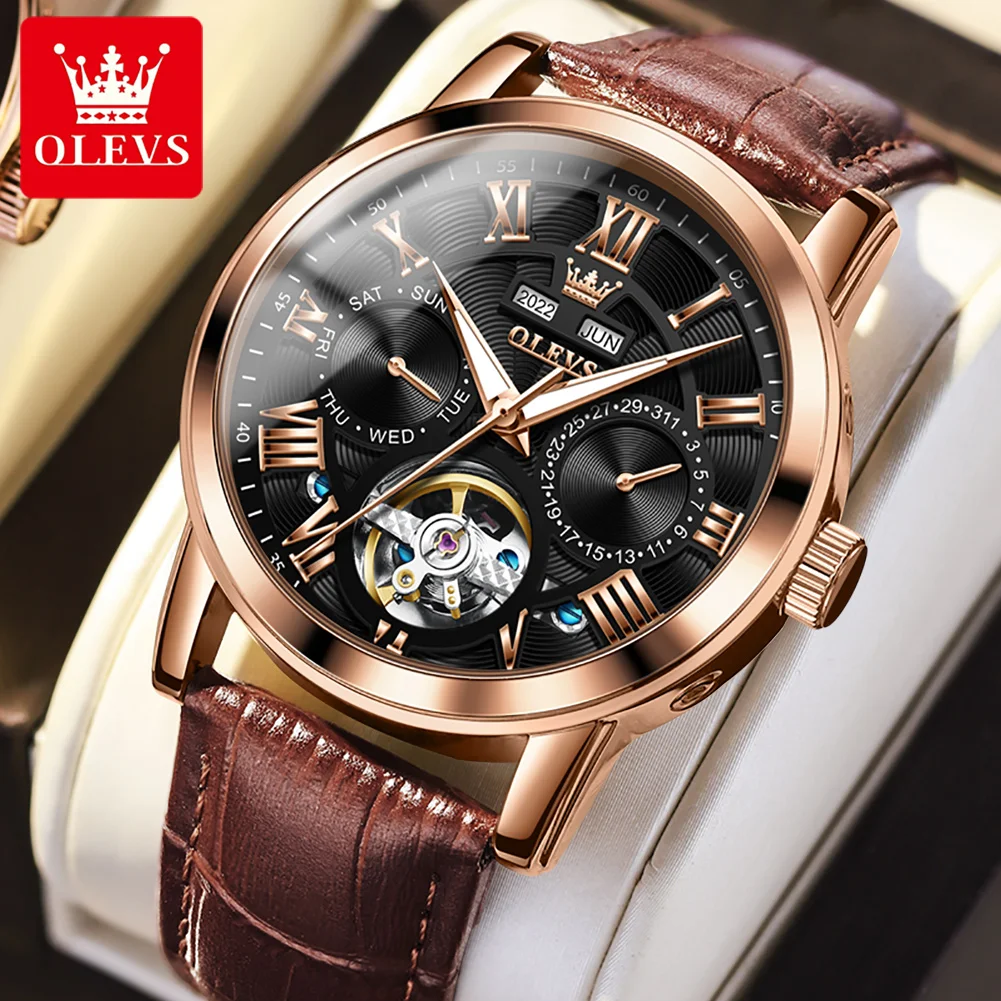 OLEVS Luxury Watch for Men Automatic Mechanical Watches Leather Band Waterproof Moon Phase Men\'s Wristwatches Relógio Masculino