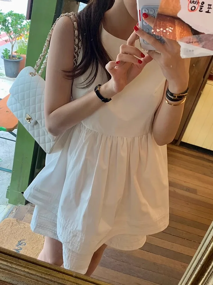 Vestido f sem mangas com babados de camada dupla, gola redonda, solto, doce, anti-envelhecimento, tamanho pequ, sai...