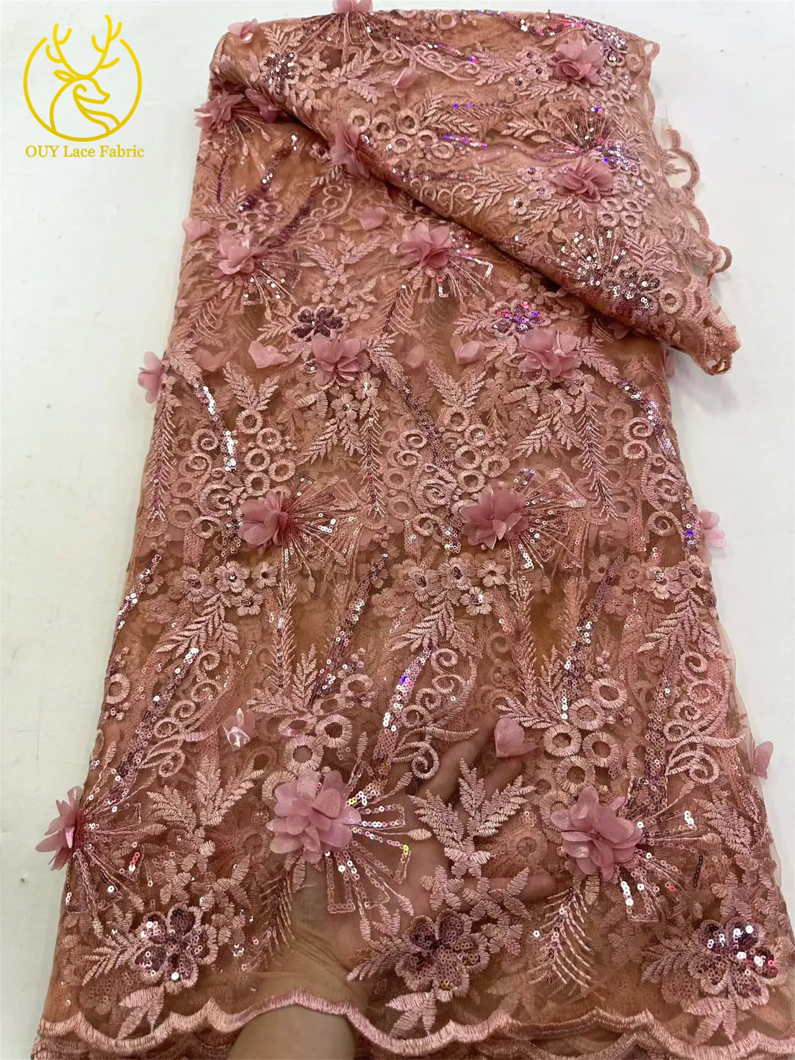 3D-Kaffeebraune afrikanische Pailletten-Mesh-Stickerei-Spitzenstoffe, luxuriöse französische nigerianische Tüllspitzenborte für Damen-Abendkleider zum Nähen – Detail 10