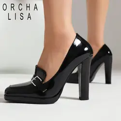 ORCHA LISA Brand Shoes For Women Pumps Patent Leather Square Toe Ultrahigh Heel 11.5cm Slip On Buckle Office Lady Big Size 42 43