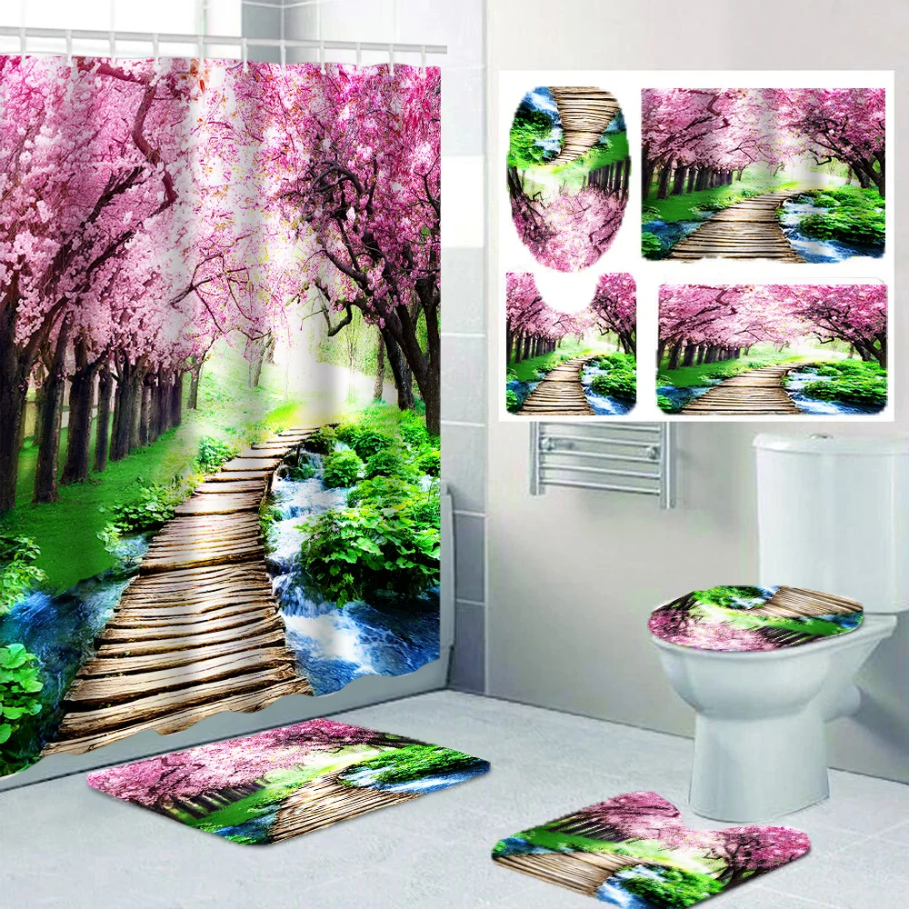1/4 cherry tree shower Curtains, Toilet Seat Decoration, Shower Curtain with Carpet and Toilet Lid, 12 70.8x70.8 inch Hooks