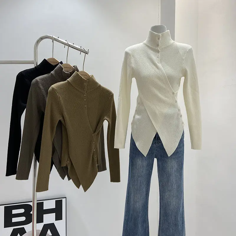 

Korean Fall Winter Women Slim Mock Neck Knitted Tops Ladies Chic Irregular Criss Cross Buttons Sweater Pullovers