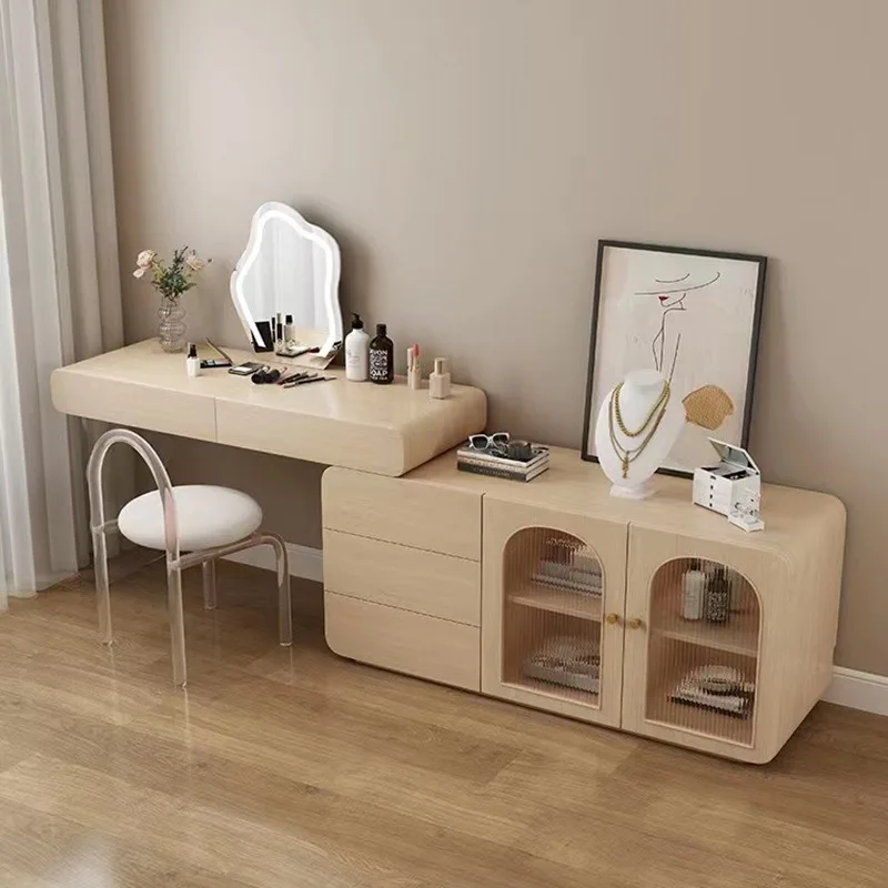 Modern simple solid wood dresser storage cabinet integrated telescopic makeup table acrylic French cream style makeup table