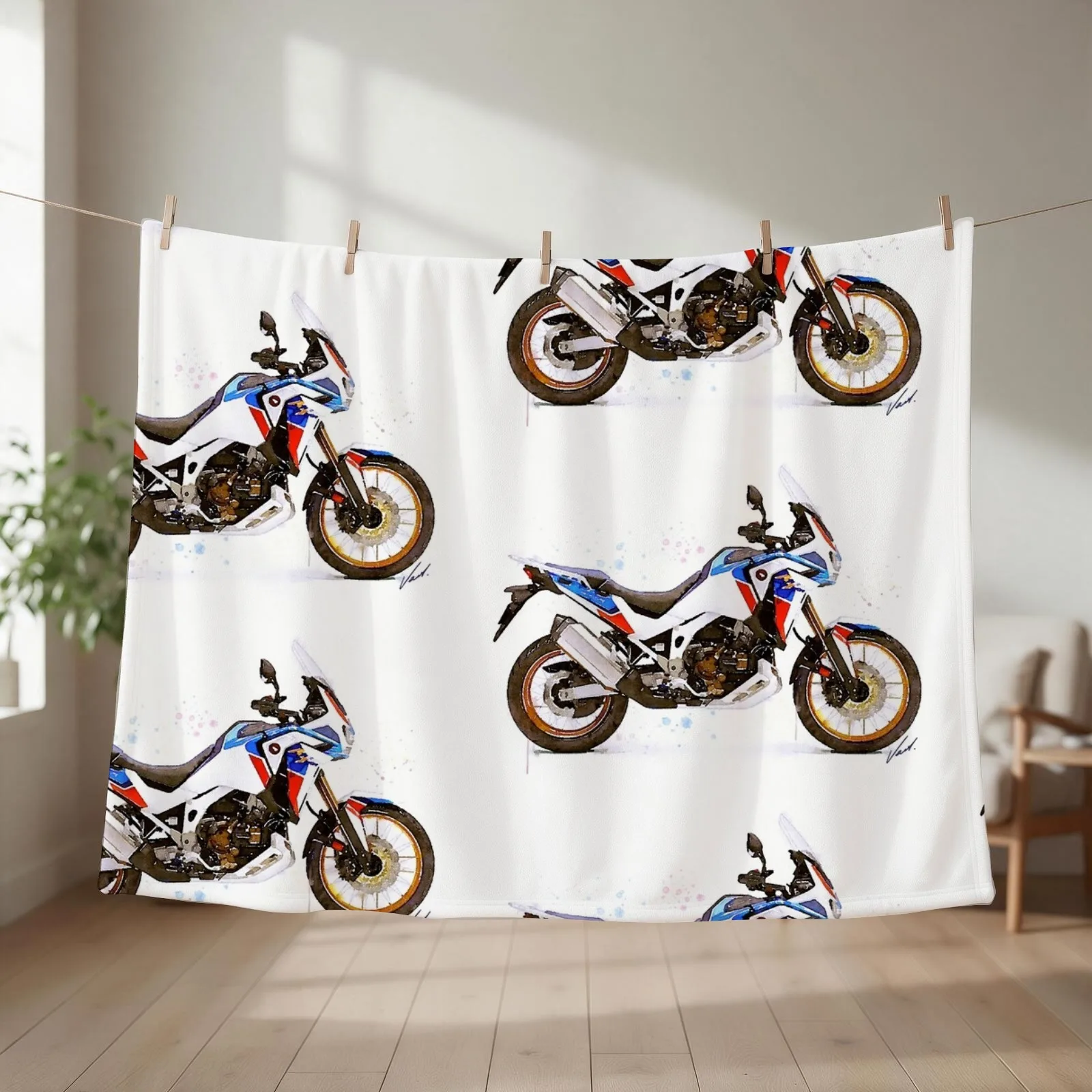 Adventure Sport Motorcycle - original watercolor by Vart. Throw Blanket couch cozy soft plush fuzzy picnic outdoor blanket