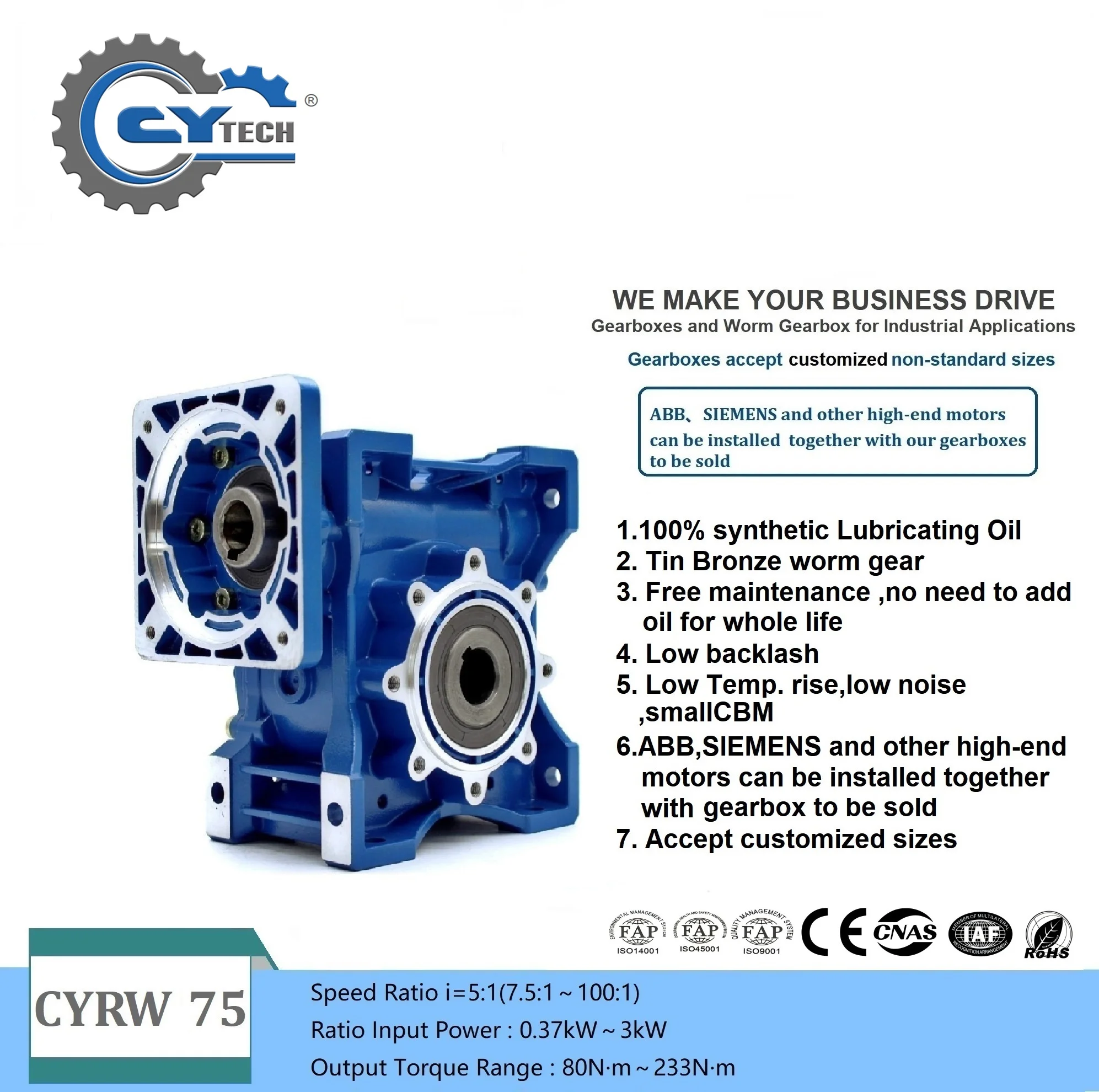 CHENYUE High Torque Worm Gearbox Speed Reducer NMRW75 CYRW75 Input 19/22/14/24/28mm Ratio 5-100 Tin bronze CNC Free Maintenance