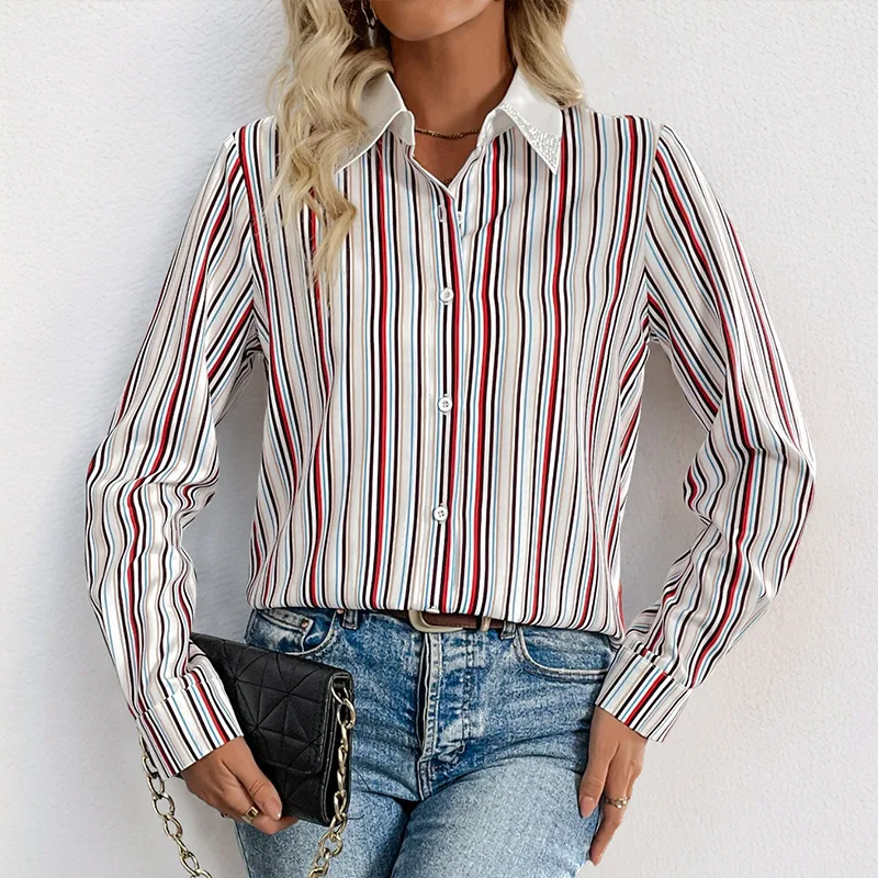 

Blouses Women Shirt Turn Down Collar Striped Full Sleeve Tops Y2k Streetwear Elegant Splice Casual Work Slim Fit 2025 Autumn