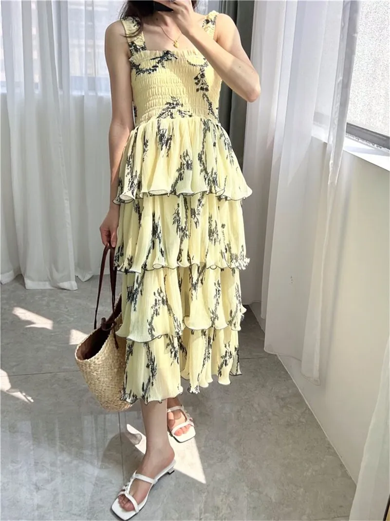 2024 Summer New Chiffon Sweet Print Square Collar Ruffles Cake Dress Elegant Chic Lightweight Dress Party Beach Style Vestidos