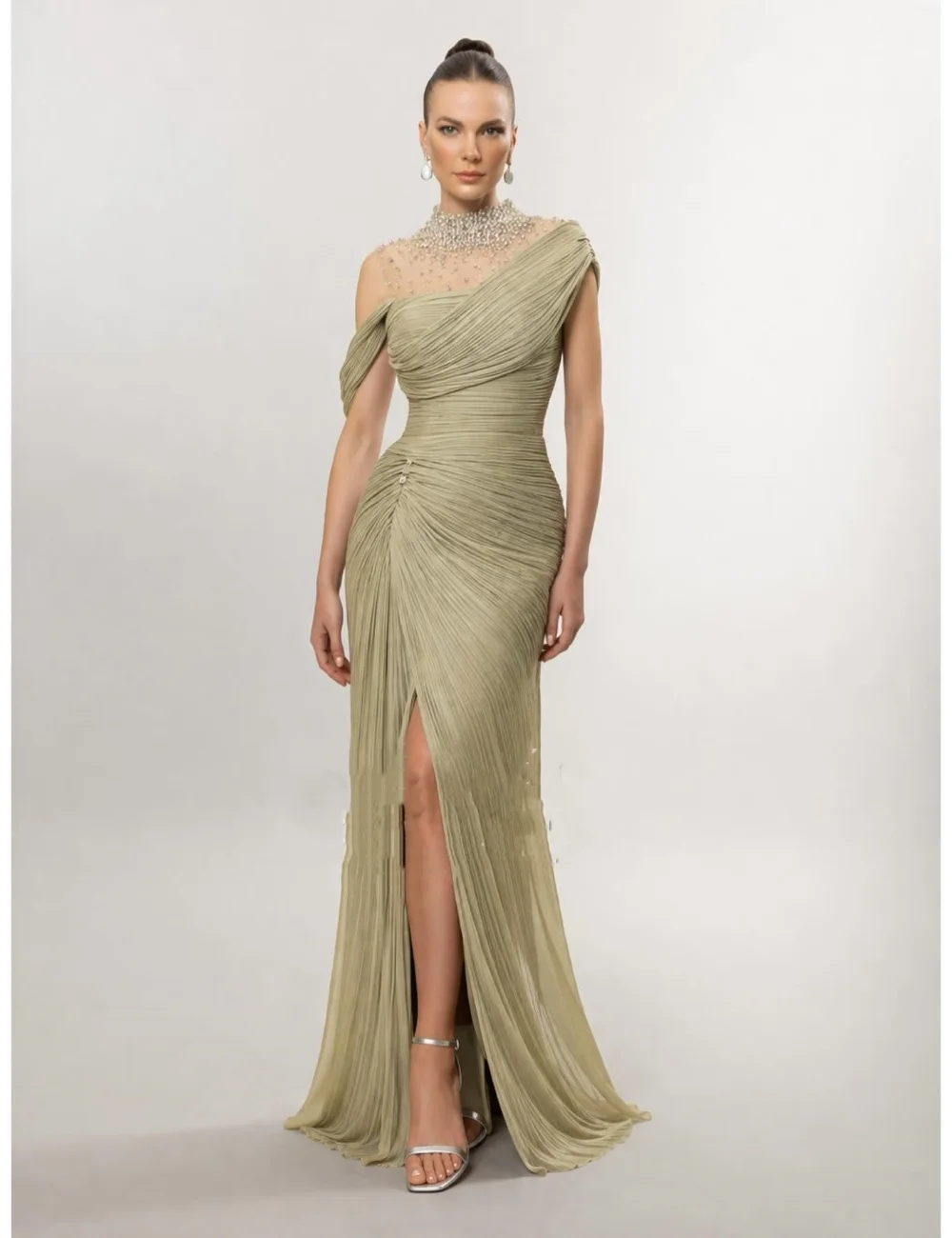 Customized Sparkle Matching Chiffon Beading Sequined Rhinestone Draped Mermaid High Collar Floor-Length Evening Dresses image 2
