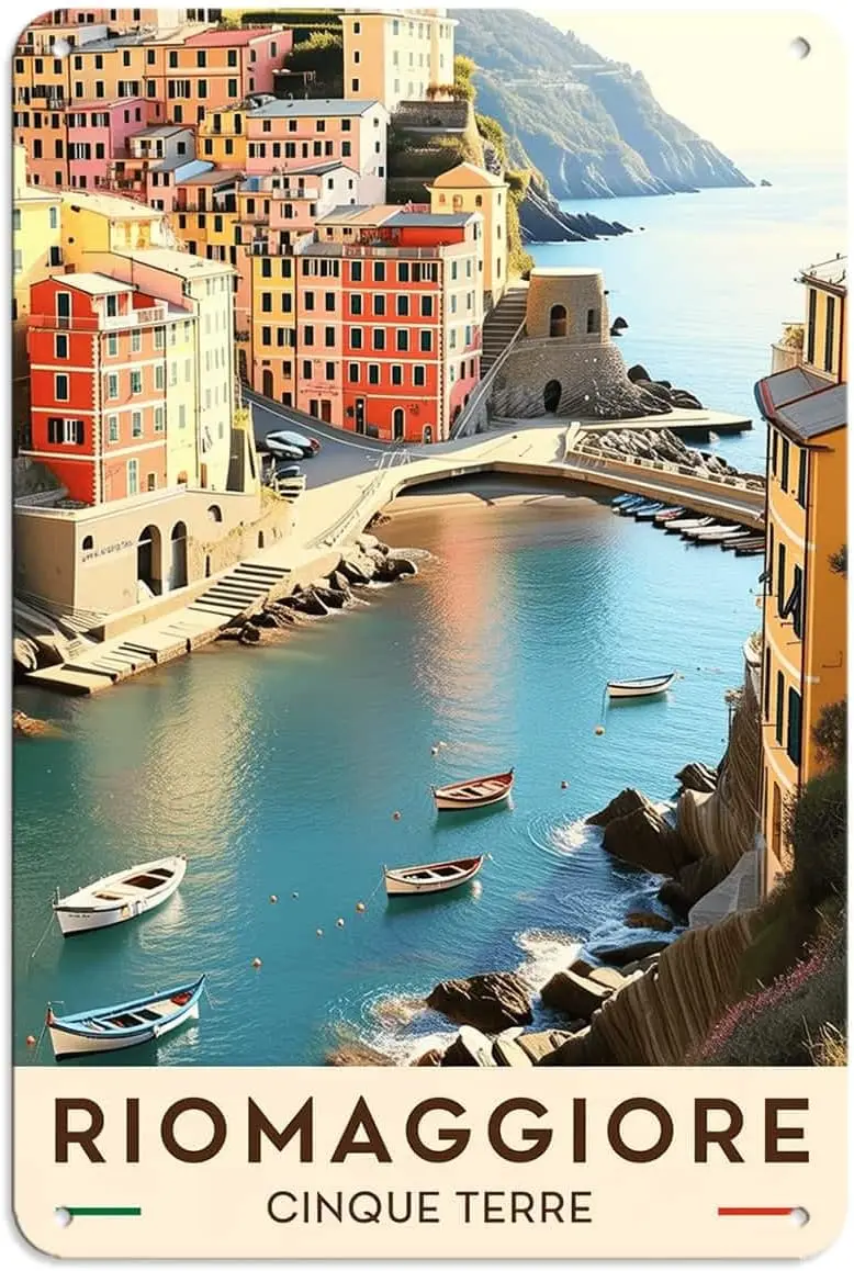 Riomaggiore Tin Sign Cinque Terre Italian Coastal Wall Decor ( IN) | Rustic Vintage Metal Signs,Beach House Cafe Outdoor Patio H