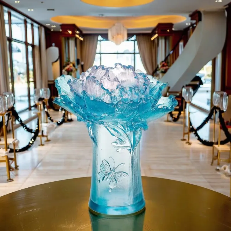 Handmade peony vase with butterfly glazed crystal lost wax casting art piece