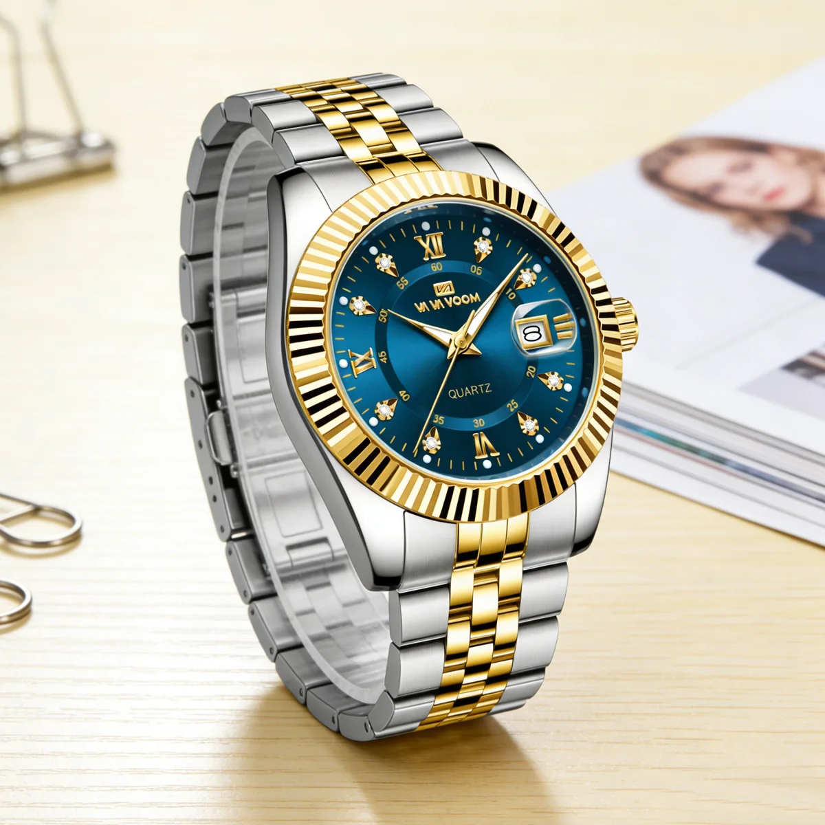 Golden Gorgeous Men Watch 40mm Gold Gear Ring Dual Color Stainless Steel Business Clock Rhinestone Fashion Couple Watches Reloj