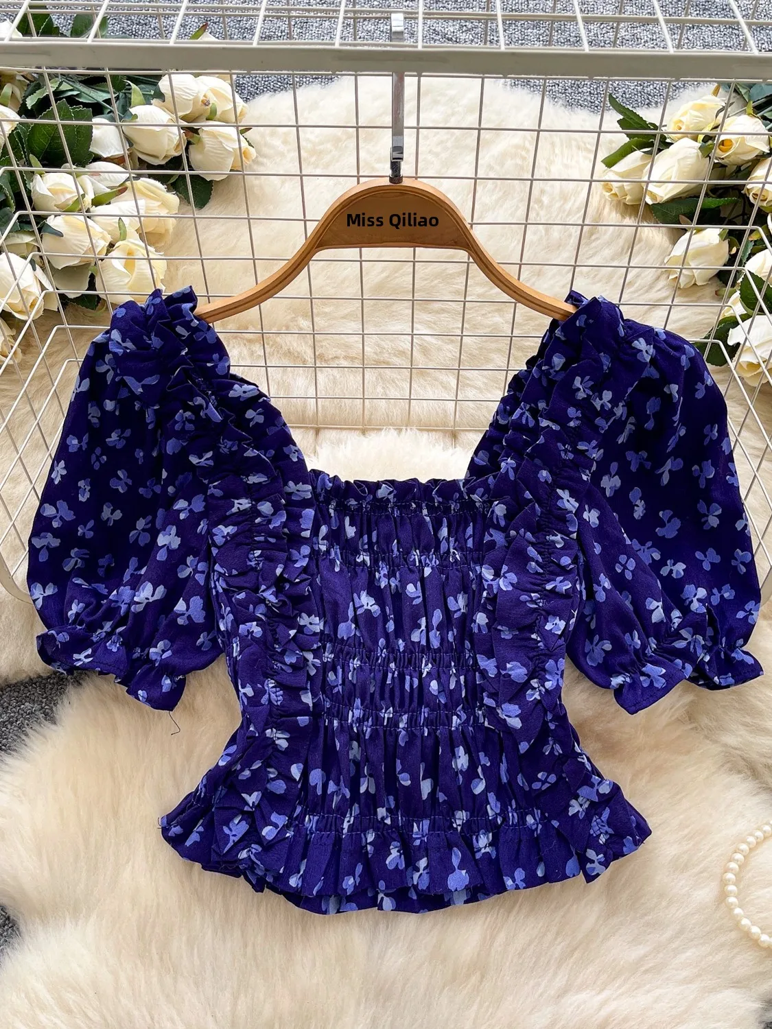 French Sle Floral Print Bubble Sve ort irt Women's Slim Fit irt Square Collar Summer Faion Retro Top