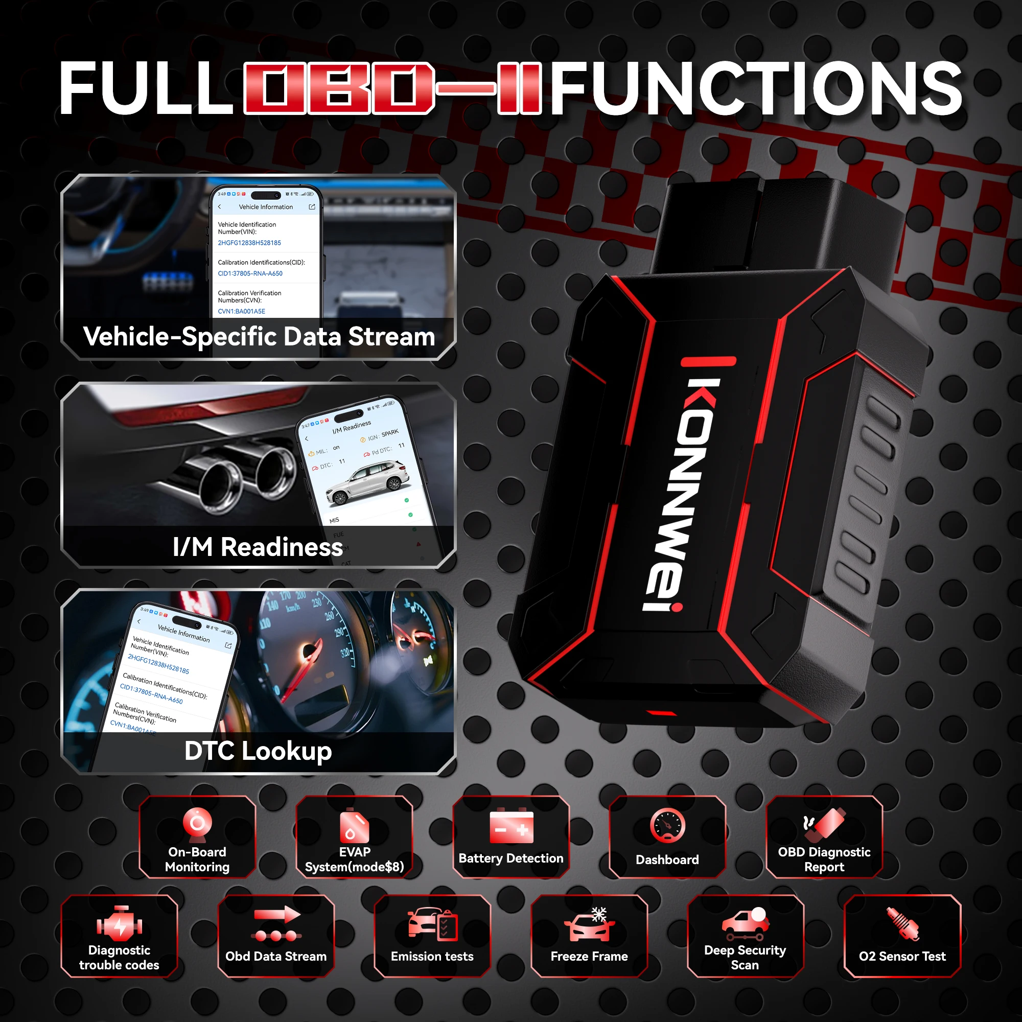 2026 KONNWEI سيارة obd أداة تشخيص الأخطاء I/M عرض المعلومات متعددة الوظائف الهاتف المحمول بلوتوث سيارة obd أداة تشخيصية